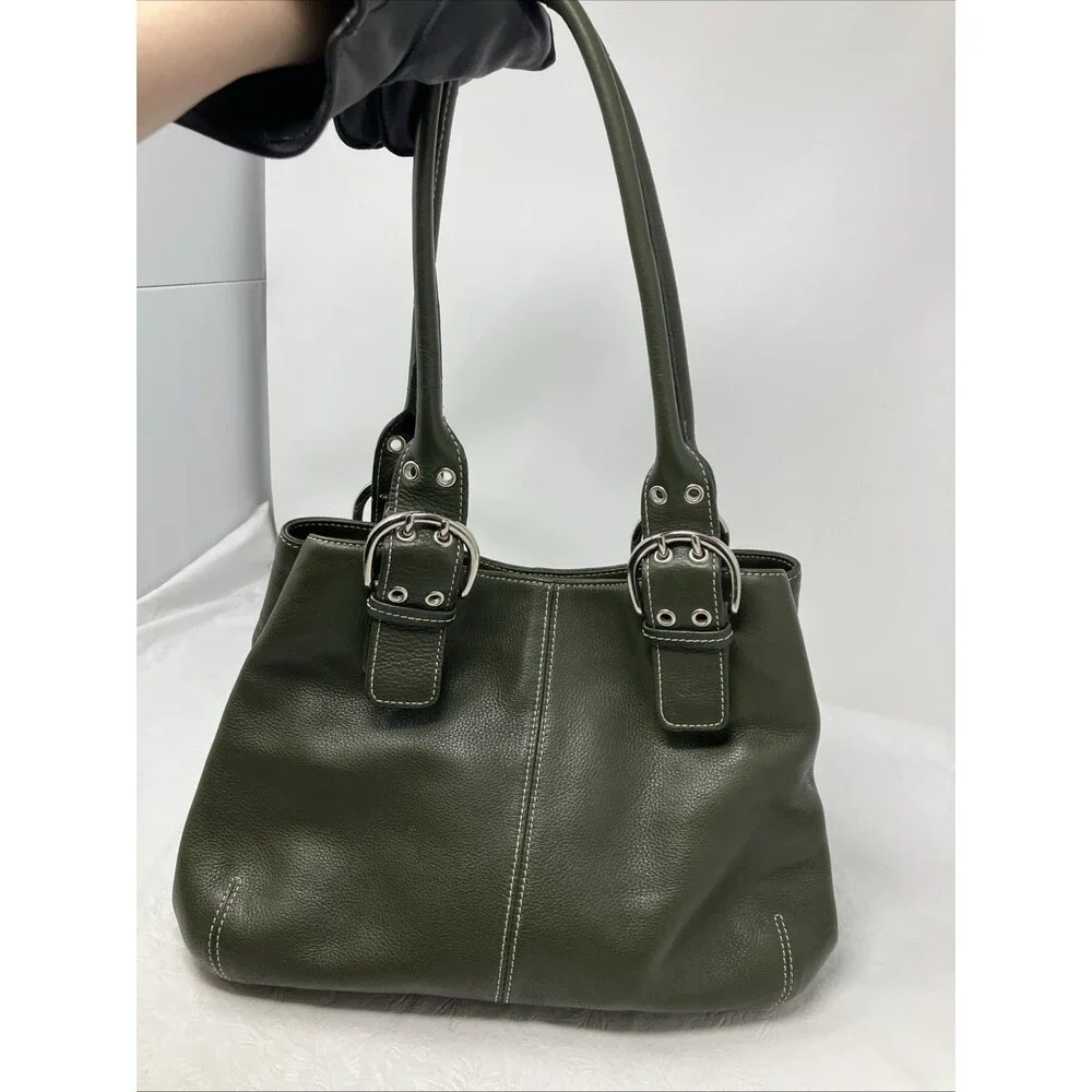 Tignanello LEATHER Handbag Purse Bag Green Pebbled Satchel Top Handles